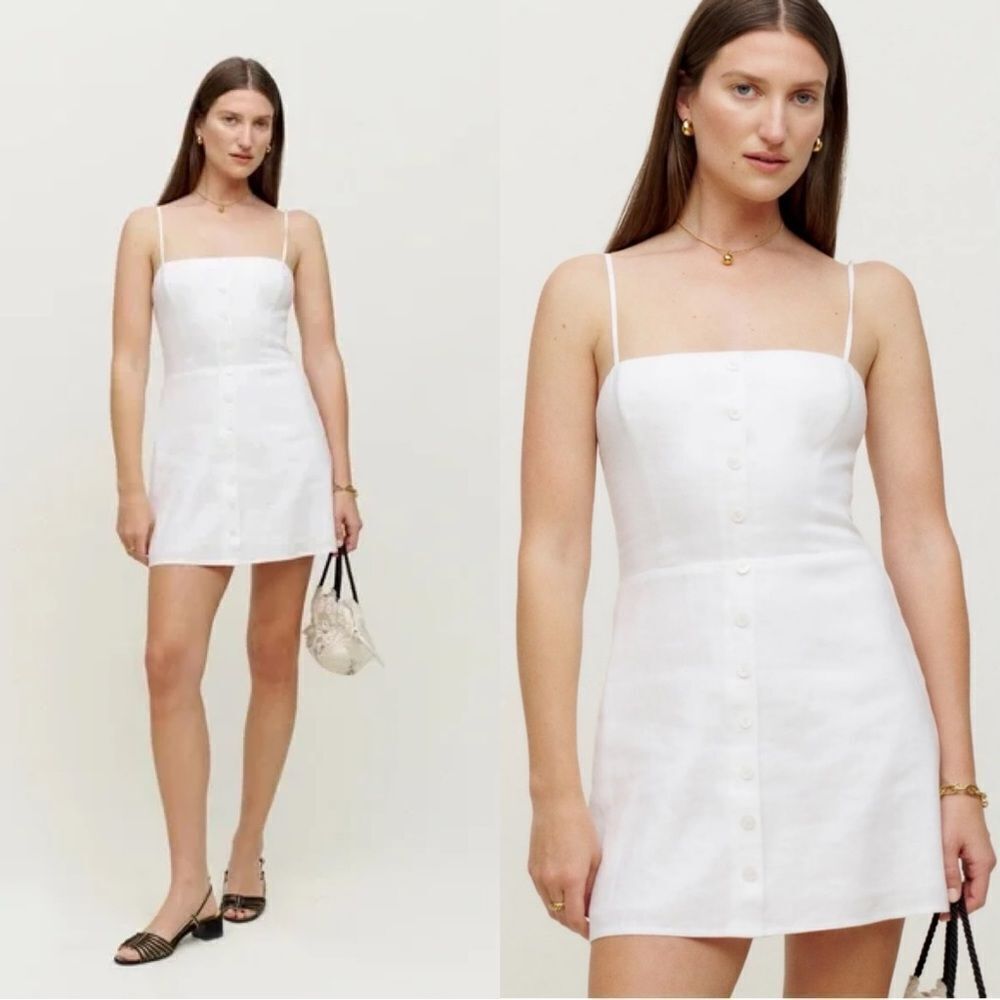REFORMATION Huckleberry Linen Button Front Mini Dress in White - Picture 1 of 14